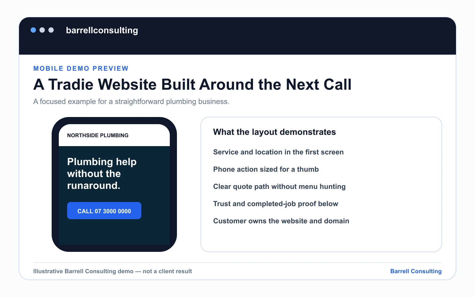 Illustrative mobile tradie website layout